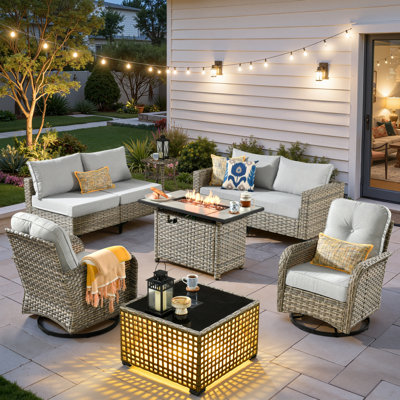 6 - Person Patio Furniture Set With Swivel Rocker, Outdoor Wicker Rattan Sectional Seating Group With Cushions, All Weather Sofa Conversation Set With Fire Pit Table For Garden Backyard