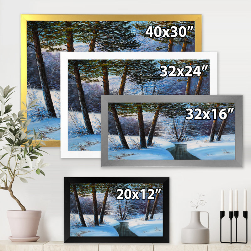 Forêt de Noël avec rivière et arbres III - peinture sur toile, H 30 po x l 40 po x 1,5 po, Cadre photo noir