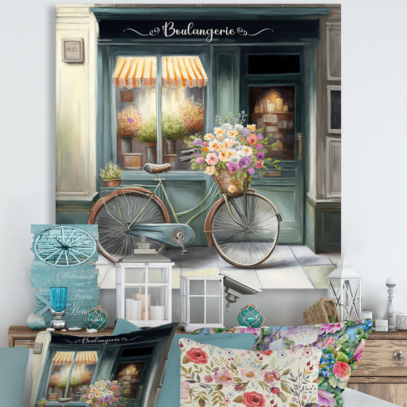 «Vélo devant une boutique de fleurs à Paris», art mural français sur toile, H 24 po x l 24 po x P 1 po, Toile tendue
