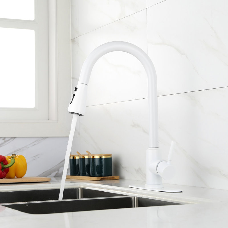 Robinet de cuisine moderne en acier inoxydable blanc, douchette extractible pour plus d'efficacité, buse rotative à 360 °, deux options de débit d'eau, fonction de contrôle simple et sans effort,