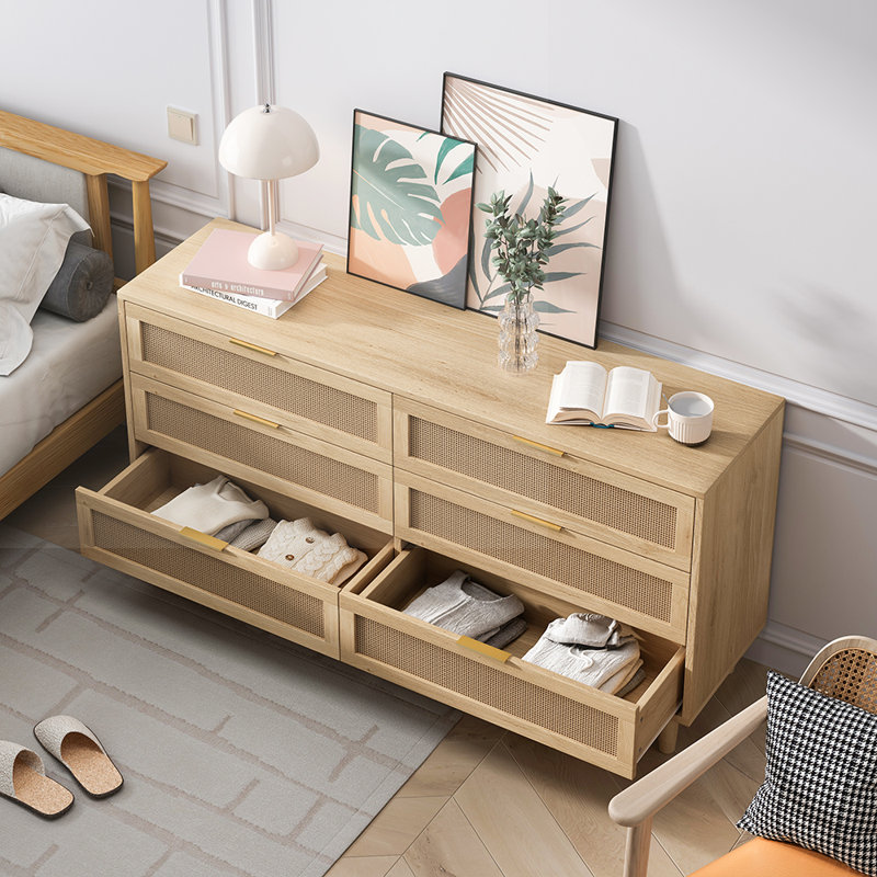 6-Drawers Rattan Storage Cabinet Rattan Drawer, Natural, 29.53" H x 51.18" W x 15.75" D