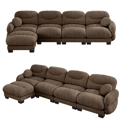 Pleated Chenille Fabric L-Shaped Modular Sectional Sofa with Ottoman, 4-Seater Couch with High-Density Ergonomic Foam, Curved Round Armrests and 2 Round Throw Pillows
