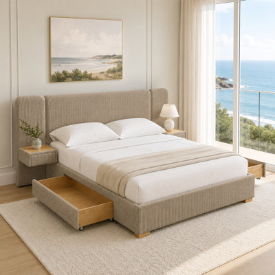 Modern King Chenille Upholstered 2 Drawer Storage Platform Bed with Expansive Wingback Headboard and Integrated Nightstands, Brown