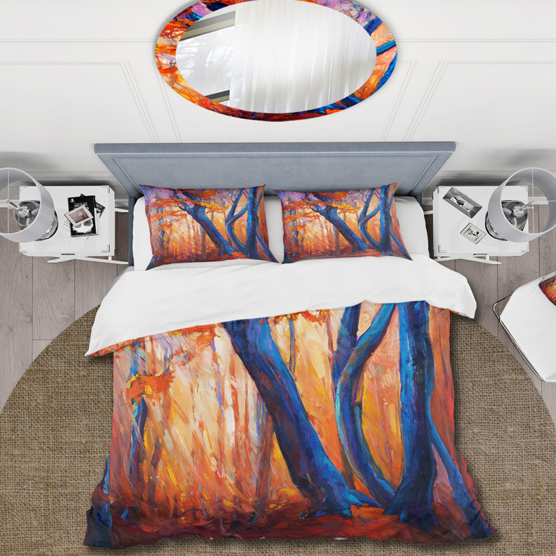 Blue Silhouettes of Trees in Orange Autumn Forest - Ensemble de housse de couette Farmhouse - Microfibre de polyester