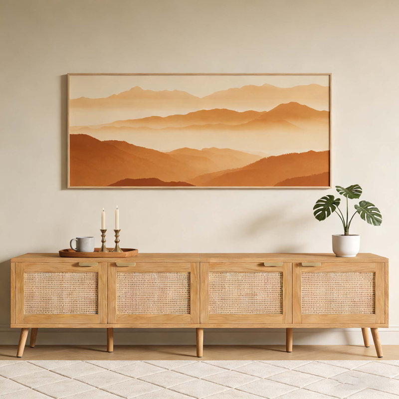 70inch Modern TV Stand with Rattan Doors, Spacious Storage, Cable Holes, and Robust Support for TVs up to 80 Inches