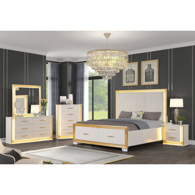 Ensemble de chambre avec grand lit 5 pièces de style contemporain OBSession en bois et finition or