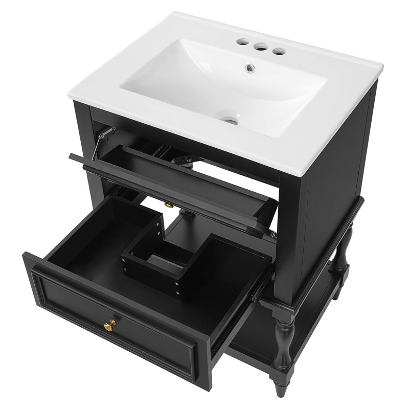 Meuble-lavabo 2 tiroirs 24 po avec plateau en céramique, Noir