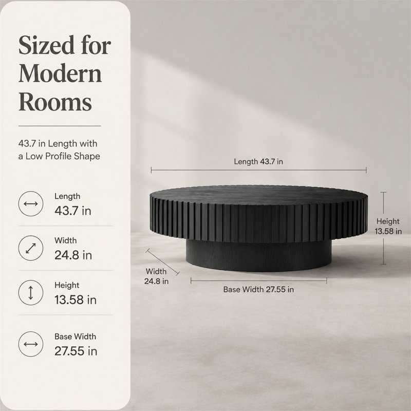 Table basse moderne ovale noire de 43,7 po avec base piédestal robuste pour le salon, Noir mat