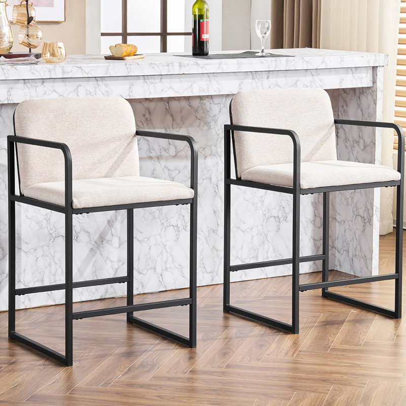 2Pcs Modern Beige Upholstered Counter Height Bar Stools With , Metal Frame And Padding For Kitchen, Dining Room, Home Support Padded Seat