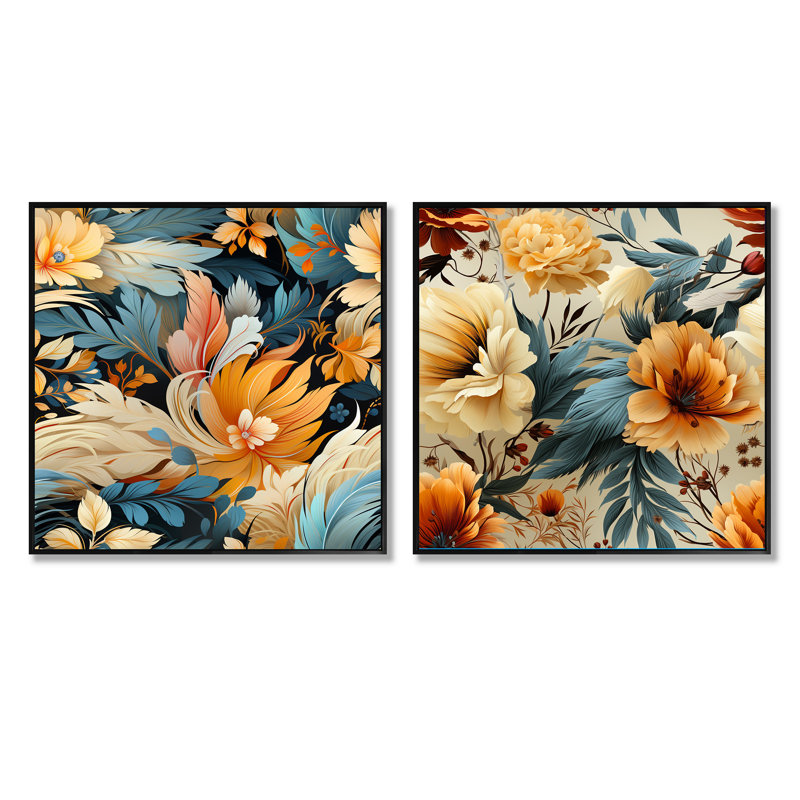Kais - Ensemble de 2 collages floraux carrés, Cadre flottant noir, H 30 po x l 61 po