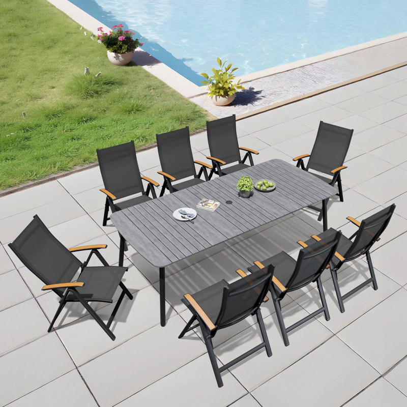 8 - Person Rectangular Patio Dining Set with Umbrella Hole, Aluminum Frame and Folded Reclining Armchairs, Gray