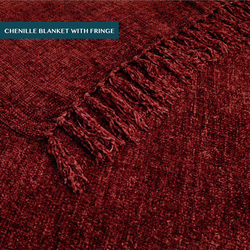 Burgundy Red Chenille Knitted Throw Blanket with Tassel Fringe