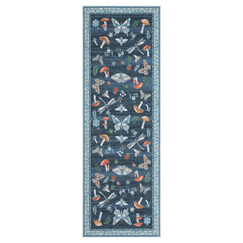Floral Machine Washable Rug with Non-Slip Backing, Soft Thin Low Pile Non Shedding Floor Carpet, Indoor Foldable Printed Accent Mat for Living Room/Nursery/Bedroom