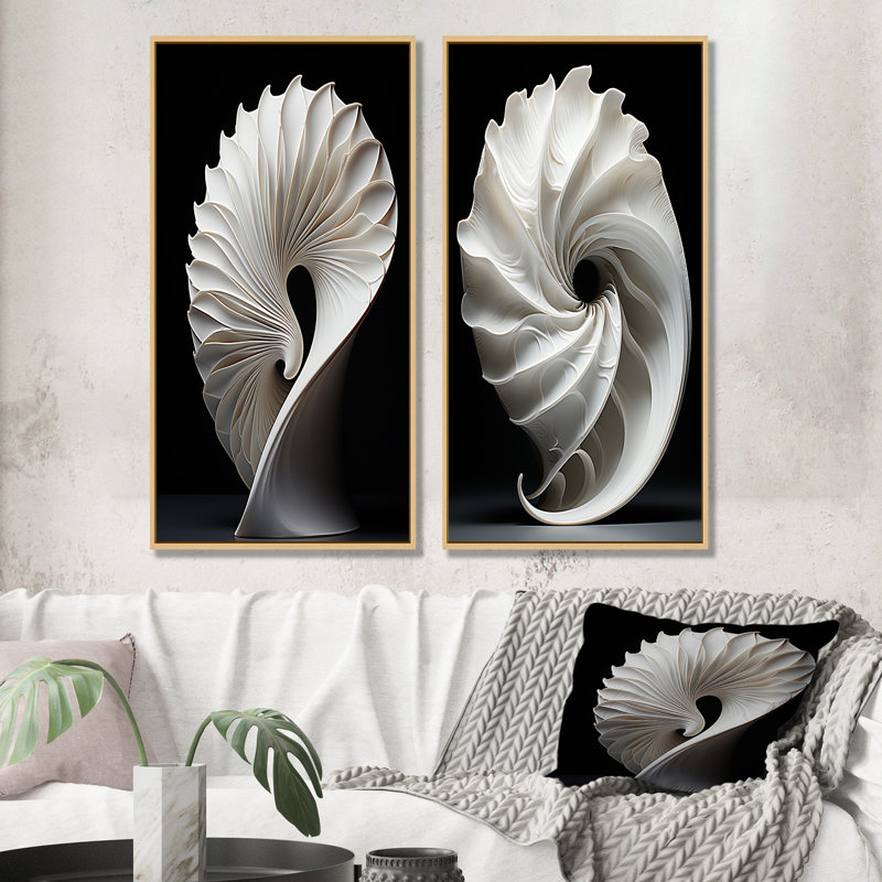 Onyx noir et blanc océan - ensemble de 2 reproductions d'art sur toile Nautilus, H 32 po x l 33 po, Encadrement brun