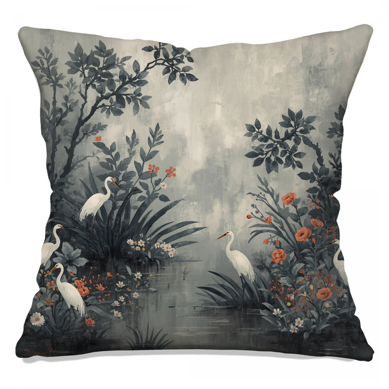 Coussins Egret In Floral Marsh, 14 X 14 pouces