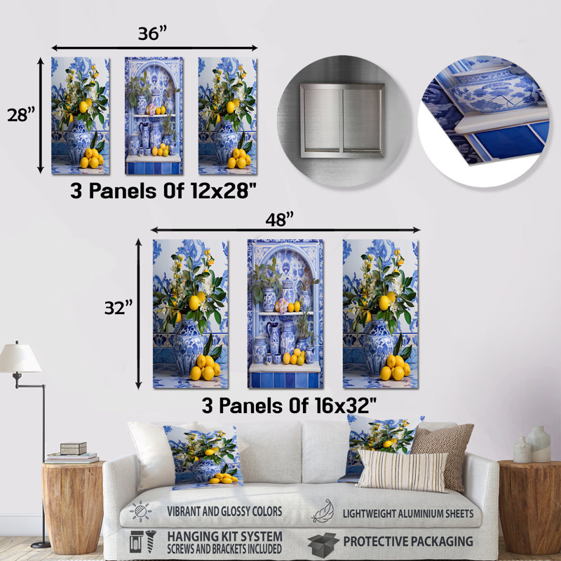 «Greek Tiles Still Life Kitchen II - Boho Pottery», ensemble de 3 reproductions d'art en métal, H 28 po x l 36 po