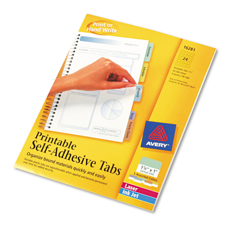Avery Assorted Color Printable Plastic Tabs with Self-Adhesive, 1.25" Wide, Pack of 96