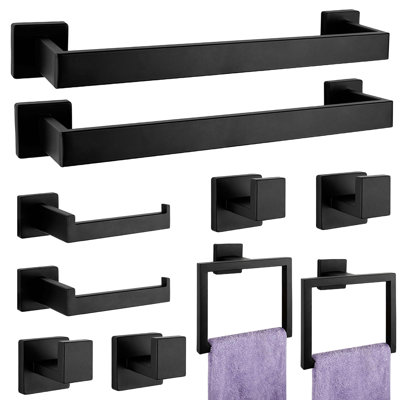 Ensemble d'accessoires de salle de bain: 10 pièces de quincaillerie de salle de bain carrée en acier inoxydable Sus304 - Porte-serviettes mural, porte-papier hygiénique, anneau à serviettes et crochet