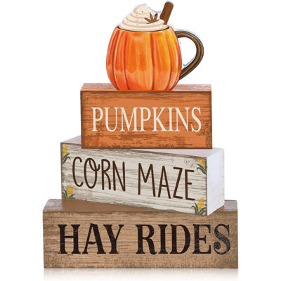 4 Pcs Fall Tiered Tray Decor, Wooden Pumpkin Farmhouse Signs | Rustic Wooden Blocks with Pumpkin Cup, Corn Maze Hay Rides Text, Tabletop Home Decoration for Fall Harvest
