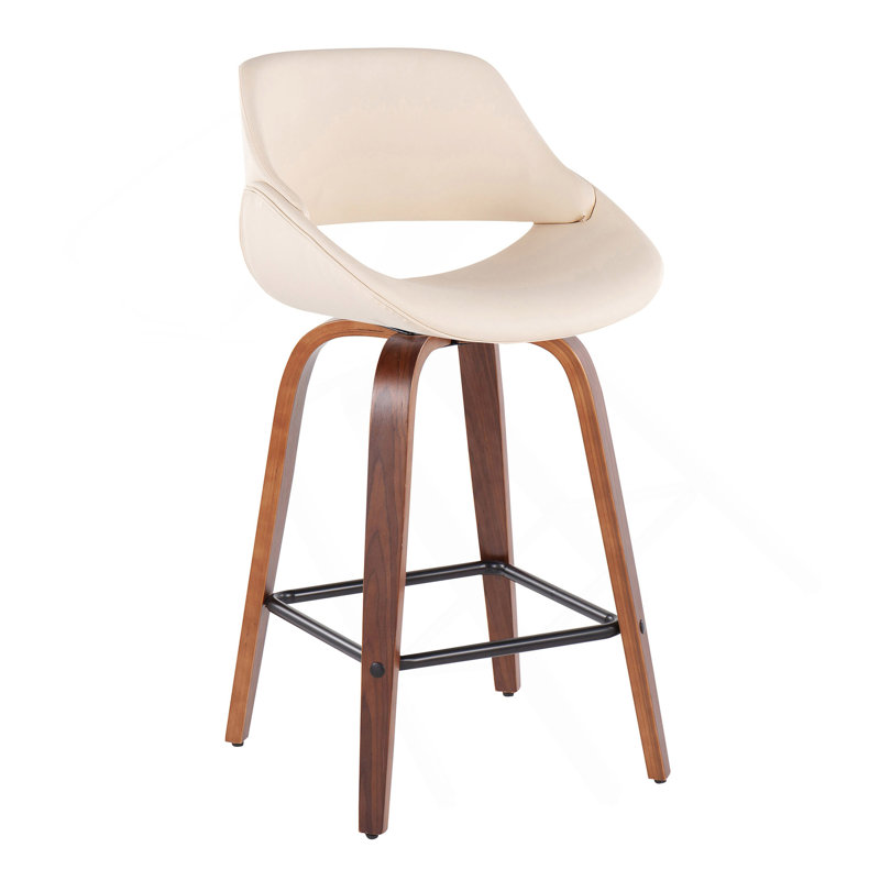 Fabrico Mid-Century Modern Fixed-Height Counter Stool In Walnut Wood With Square Black Footrest And Cream Faux Leather By Lumisource - Set Of 2