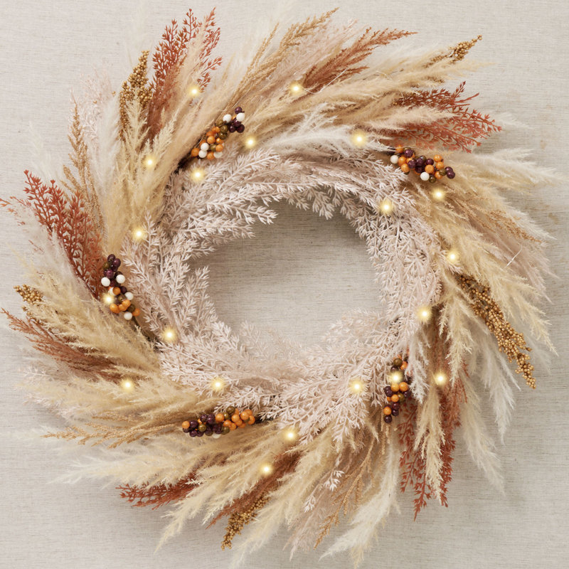 Harvest Day 24 Inch Autumn Harvest Cattail and Berry Artificial Wreath with Warm White LED Lights