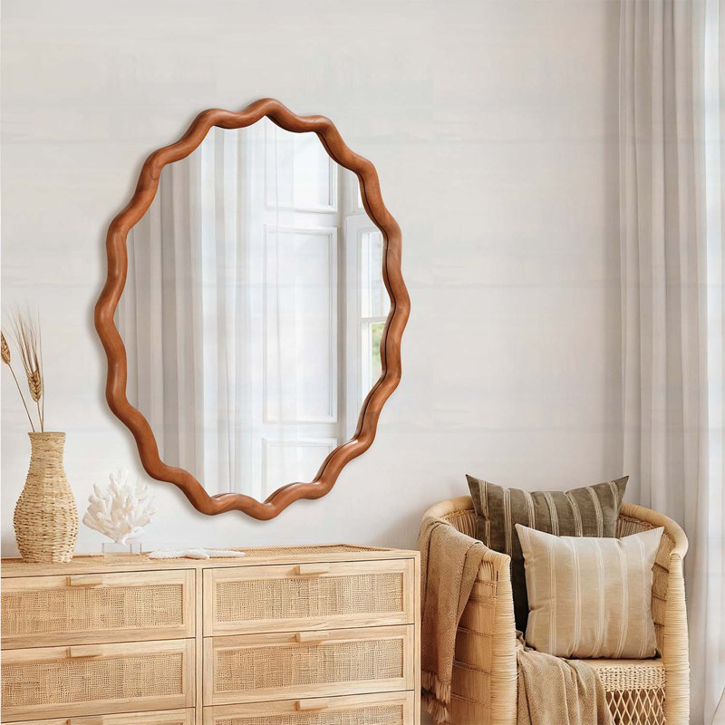 Miroir à cadre ondulé en bois pour une décoration intérieure élégante, Brun, 36 po x 36 po