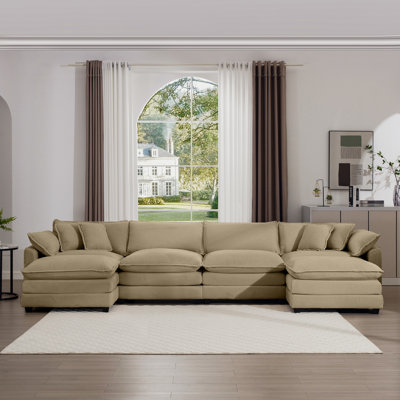Corduroy Sofa , Modern Upholstered 4 Seater with 3 Footstools Corduroy Fabric Sofa , Office Living Room Apartment Comfortable Sofa, Easy to Assemble with 2 Arm Pillows and 4 Throw Pillows