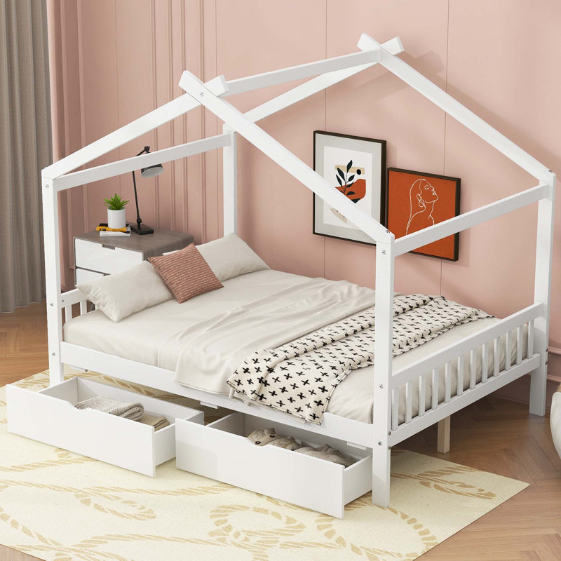 Lit plateforme House avec deux tiroirs, Blanc