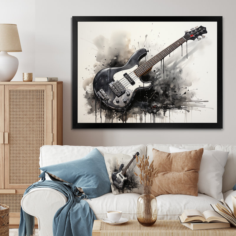 «Brown Charcoal Guitare Vibations II», art mural musique, Cadre d'angle fermé noir, H 30 po x l 40 po x P 1,5 po