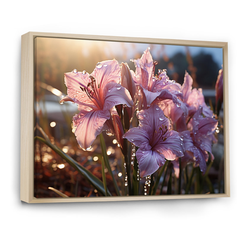 Iris rose champ I - décoration murale florale, H 30 po x l 40 po x P 1,5 po, Cadre naturel flottant