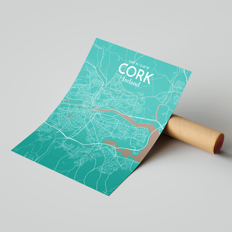 Cork City Map, impression, H 20 po x l 16 po, Vert / brun