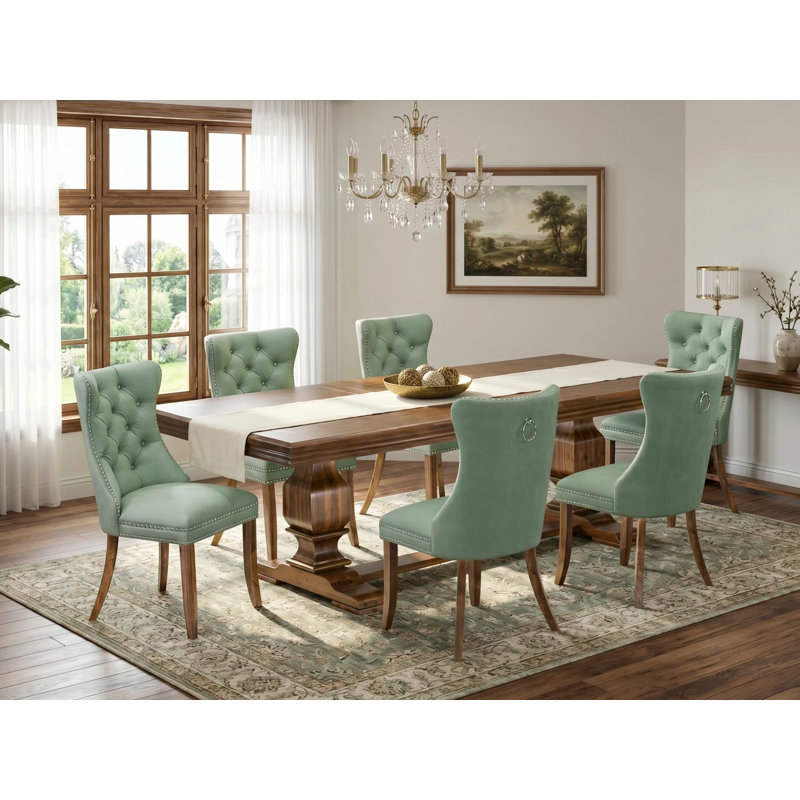 L'ensemble de table de cuisine 7 pièces comprend une table de salle à manger et 6 chaises de salle à manger en similicuir vert saule avec dossier capitonné - Finition noyer antique