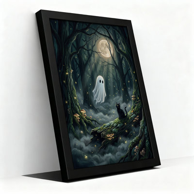 Toile fantôme et chat noir dans la forêt au clair de lune avec Halloween