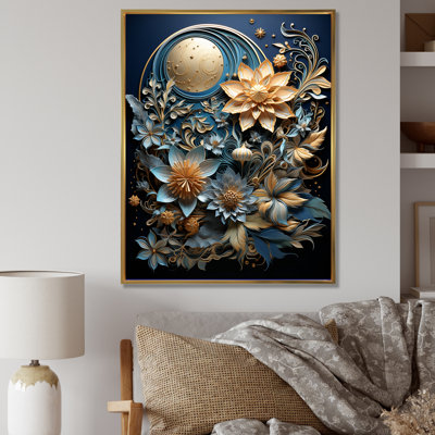 Papier mâché beige et bleu sarcelle fleurs mélangées - reproduction sur toile