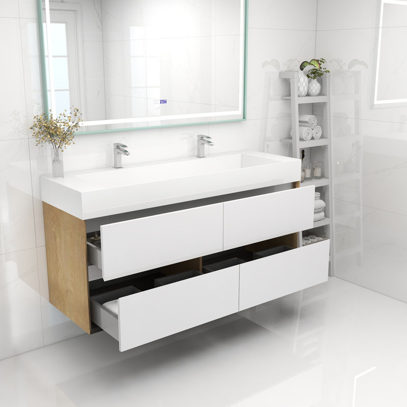 Meuble-lavabo double 60 po, Blanc lustré