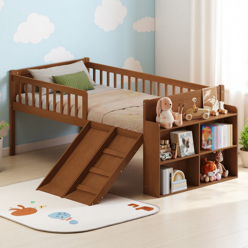 Kids Twin Bed, Kids Bed with Slide, Walnut