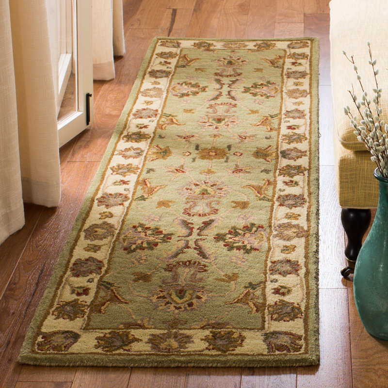 Tapis vert / doré en laine touffeté à la main Cranmore, Tapis de couloir 2 pi 3 po x 16 pi