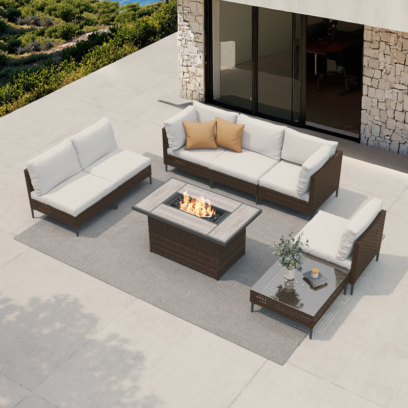 Mcbain 8-Piece Outdoor Furniture Seating Group For 6 Person With Fire Pit Table, Beige