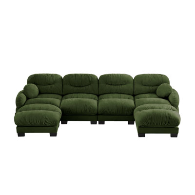 Canapé modulaire en forme de U en chenille vert avec motif plissé, canapé 4 places avec 2 repose-pieds et coussins ronds