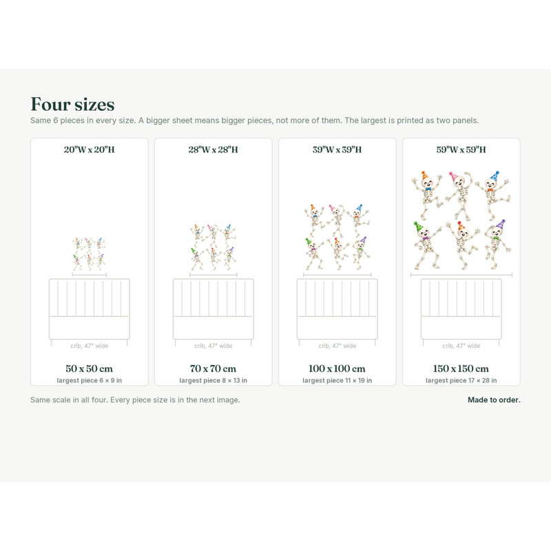Dancing Skeleton Wall Decals, Set of 6 Peel and Stick Nursery Wall Stickers, Satin Finish Removable Kids Room Wall Art, 20"W x 20"H (50 x 50 cm)
