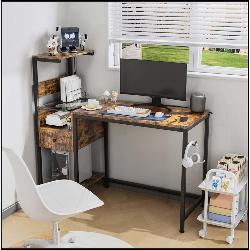Computer Desk with Power Outlet, USB Ports, and Reversible Shelves for Home Office, Perfect for Small Spaces and Enhanced Productivity.