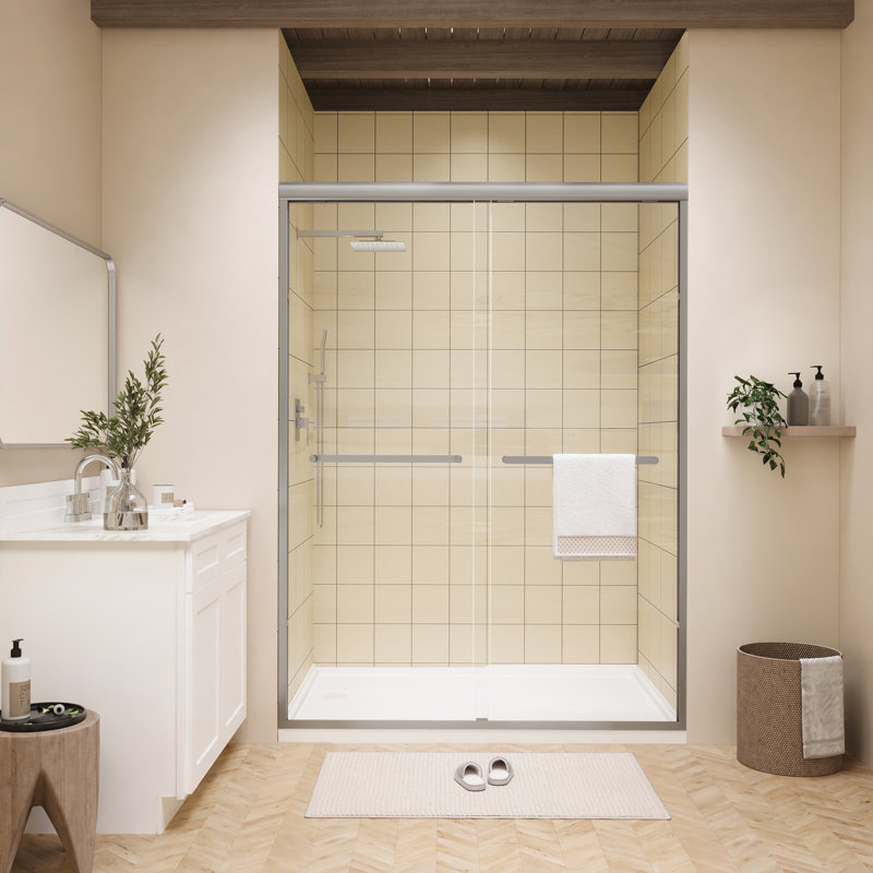 Porte de douche coulissante double encadrée en nickel brossé avec poignées doubles et verre transparent l 50 po x l 72 po x H 72 po