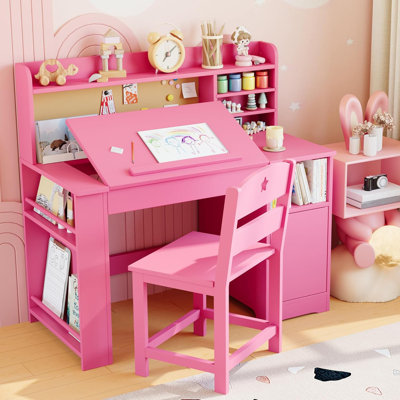Ensemble de bureau et chaise pour enfants avec rangement, bureau d'étude pour enfants avec huche et bureau inclinable, table pour enfants en bois avec armoire de rangement pour 3 à 8 ans, table d'écriture pour chambre d'étudiant