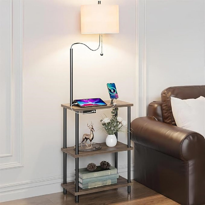 Rustic Brown Wood and Metal Floor Lamp End Table with USB Charging Station