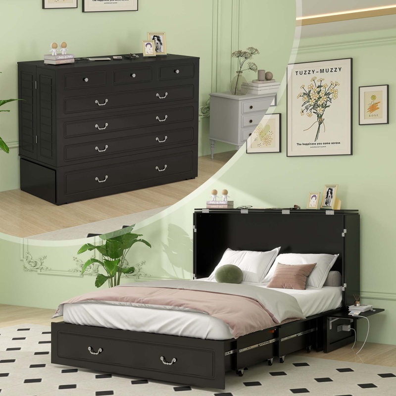 Queen Murphy Bed Cabinet - Space Saving Wall Bed for Guest Room, Study, Apartment with Built In USB Ports (Included Mattress) Dark Walnut