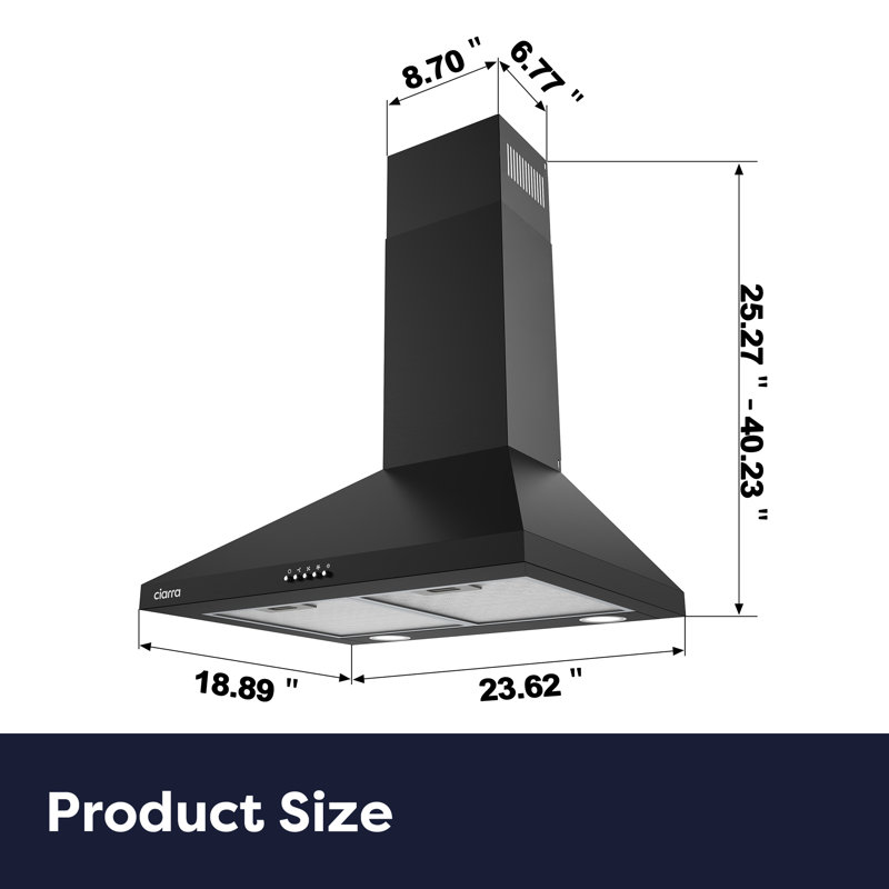  Hotte murale 24 po CIARRA en noir avec débit d'air de 450 pi3 / min, ventilateur à 3 vitesses, filtres à chicane en acier inoxydable, éclairage DEL, hotte de cuisine convertible à conduit / sans conduit