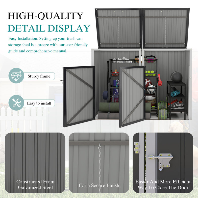 Outdoor Stainless Steel Galvanized Steel Garbage Shed - Pneumatic Pole And Lockable Door - Can Store 2 Garbage Bins, Suitable For Gardens And Courtyards