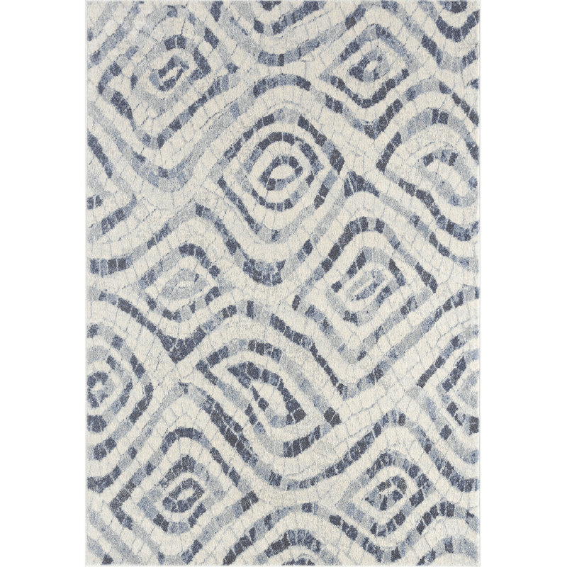 Rectangular Blue and Ivory Geometric Synthetic Area Rug