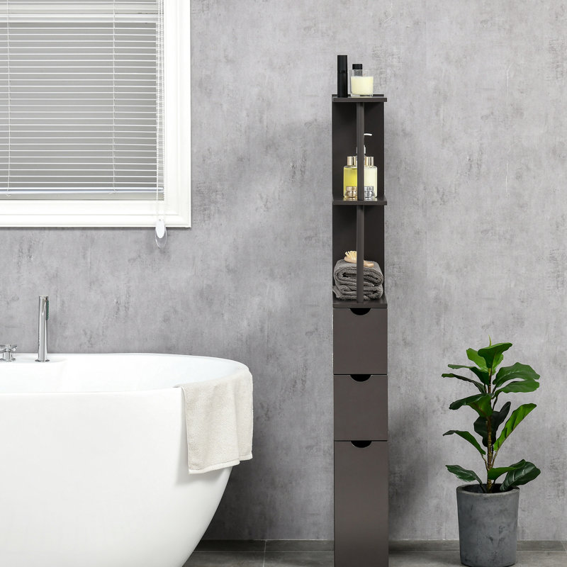 Rangement de salle de bain de 54 po de hauteur, tour à linge autoportante avec 2 tablettes et tiroirs, armoire de plancher étroite et peu encombrante, rangement brun de 54 po,