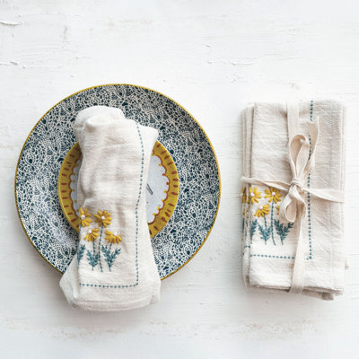 Floral Hand-Embroidered Cotton Napkins